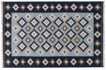 Handwoven Wool Kilim Durrie Rug – Navy Blue Geometric Moroccan-Inspired Area Rug
