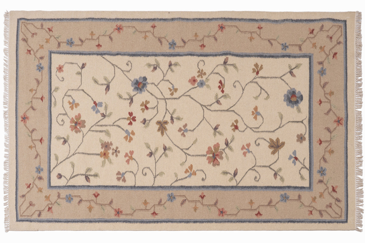 Hand-Woven Woolen Durrie – Beige & Blue Floral Vine Pattern Area Rug (80% Wool, 20% Cotton)
