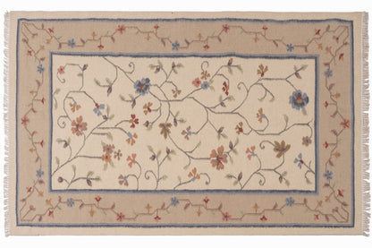Hand-Woven Woolen Durrie – Beige & Blue Floral Vine Pattern Area Rug (80% Wool, 20% Cotton)