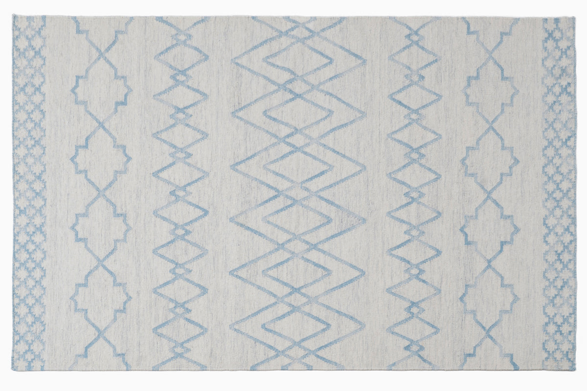 Blue & Ivory Handwoven Wool Kilim Durrie Rug | Geometric Flatweave Area Rug