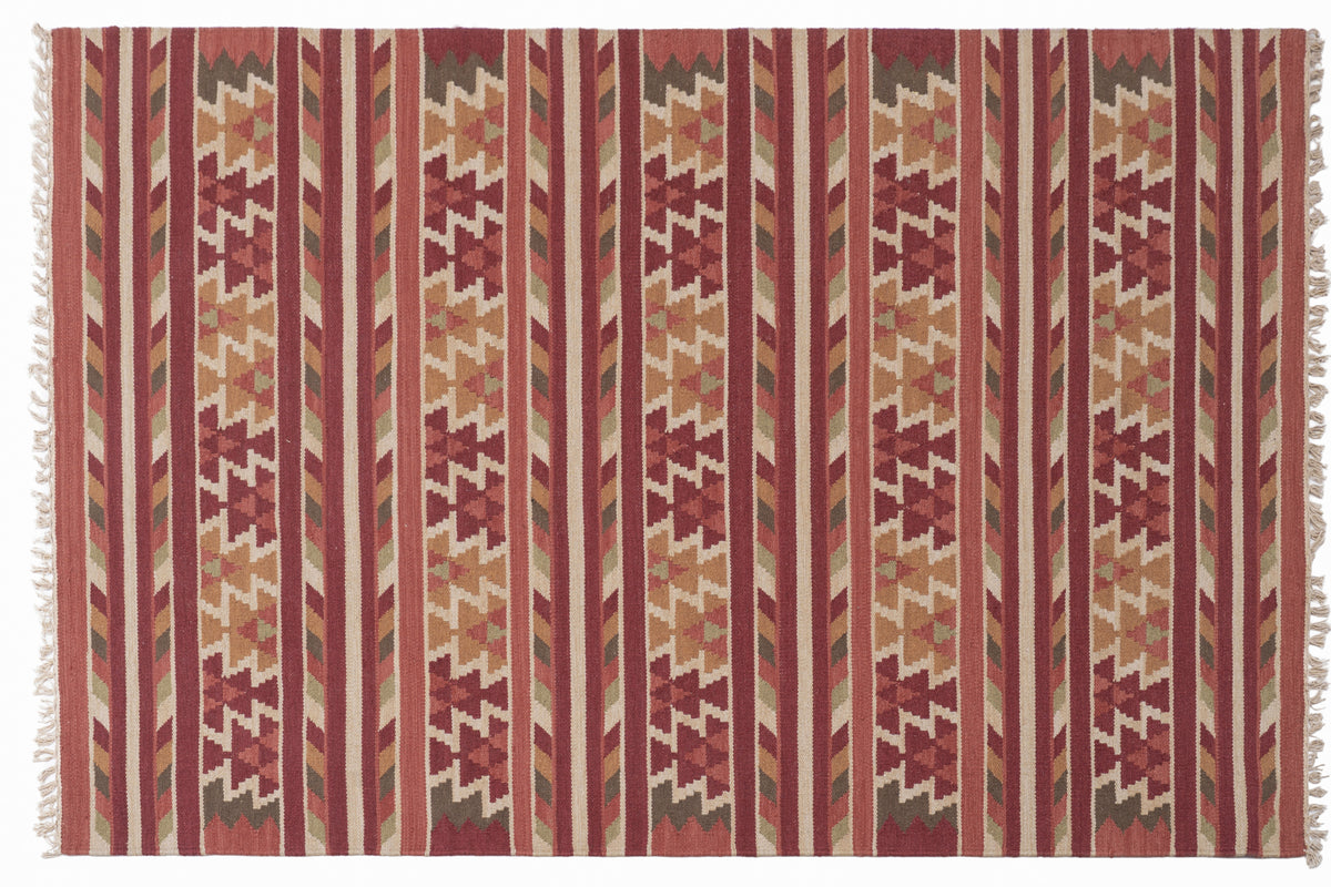 Traditional Handwoven Kilim Area Rug – Terracotta Geometric Tribal Pattern with Earthy Tones and Fringed Ends