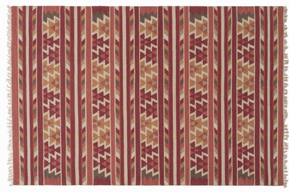 Traditional Handwoven Kilim Area Rug – Terracotta Geometric Tribal Pattern with Earthy Tones and Fringed Ends