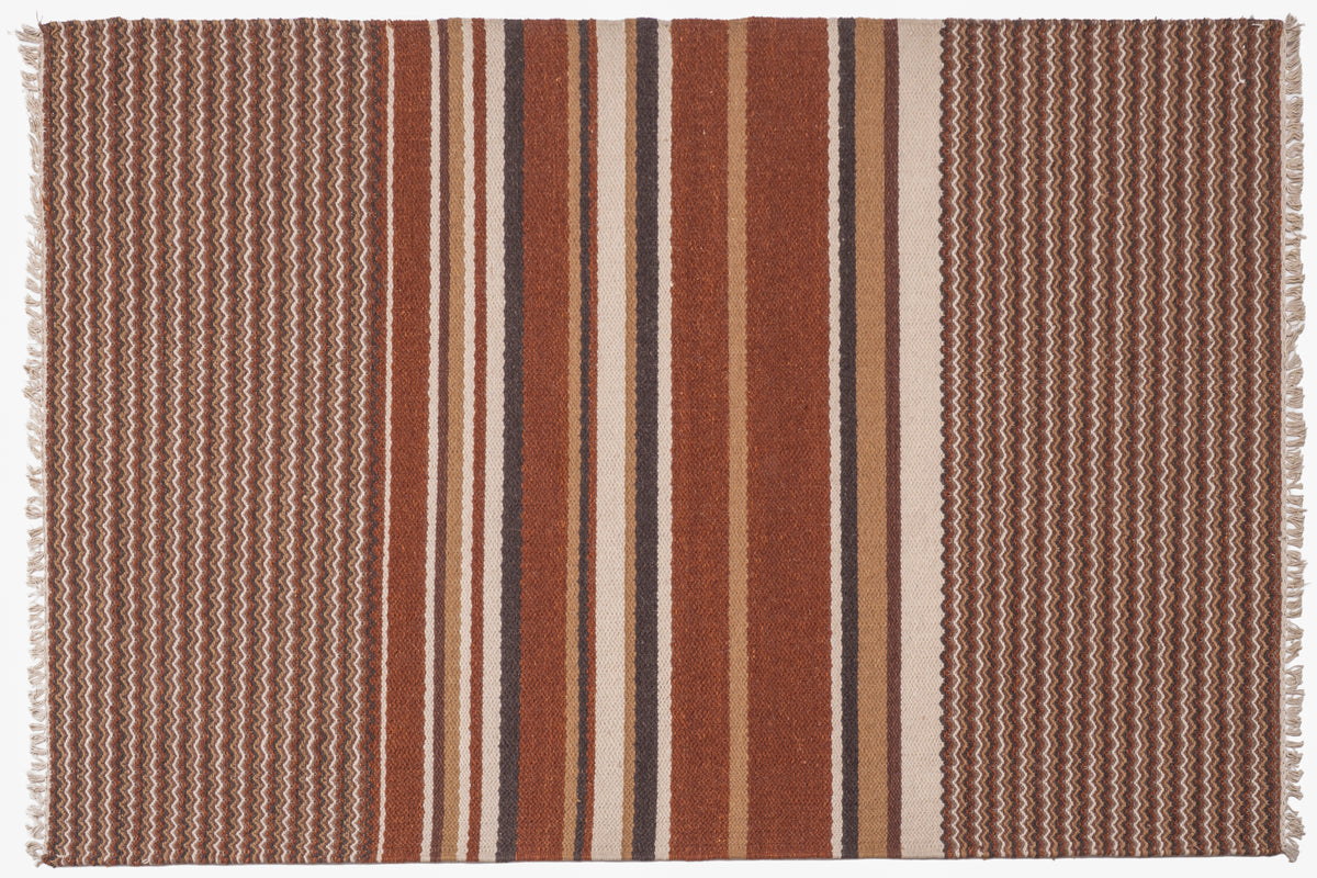 Handwoven Kilim Rug, Rustic Brown Striped Area Rug, Geometric Flat Weave Wool Rug with Fringe, 1300 GSM