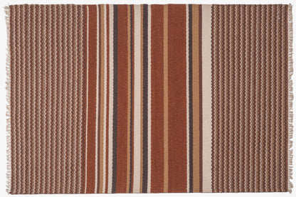 Handwoven Kilim Rug, Rustic Brown Striped Area Rug, Geometric Flat Weave Wool Rug with Fringe, 1300 GSM