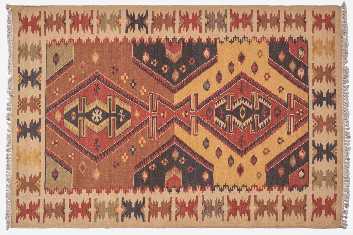 Traditional Handwoven Kilim Area Rug – Multicolor Tribal Geometric Pattern with Earthy Tones and Fringed Ends
