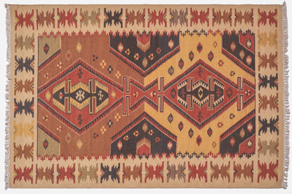 Traditional Handwoven Kilim Area Rug – Multicolor Tribal Geometric Pattern with Earthy Tones and Fringed Ends