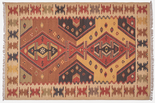 Traditional Handwoven Kilim Area Rug – Multicolor Tribal Geometric Pattern with Earthy Tones and Fringed Ends