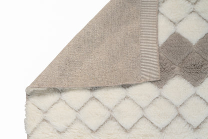 Handwoven Moroccan Style Wool Rug – Cream and Taupe Diamond Pattern Shaggy Area Rug
