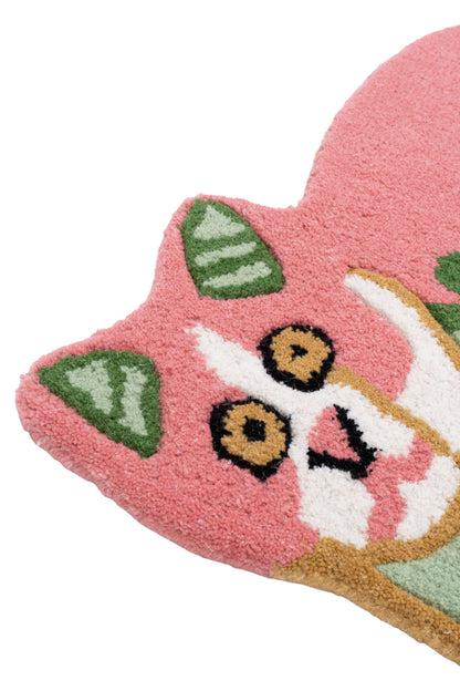 Hand Tufted Cat Rug – Pink & Green Cute Animal Shaped Wool Rug for Kids Room, Bedroom & Nursery Décor | 1.4 × 2.3 Feet