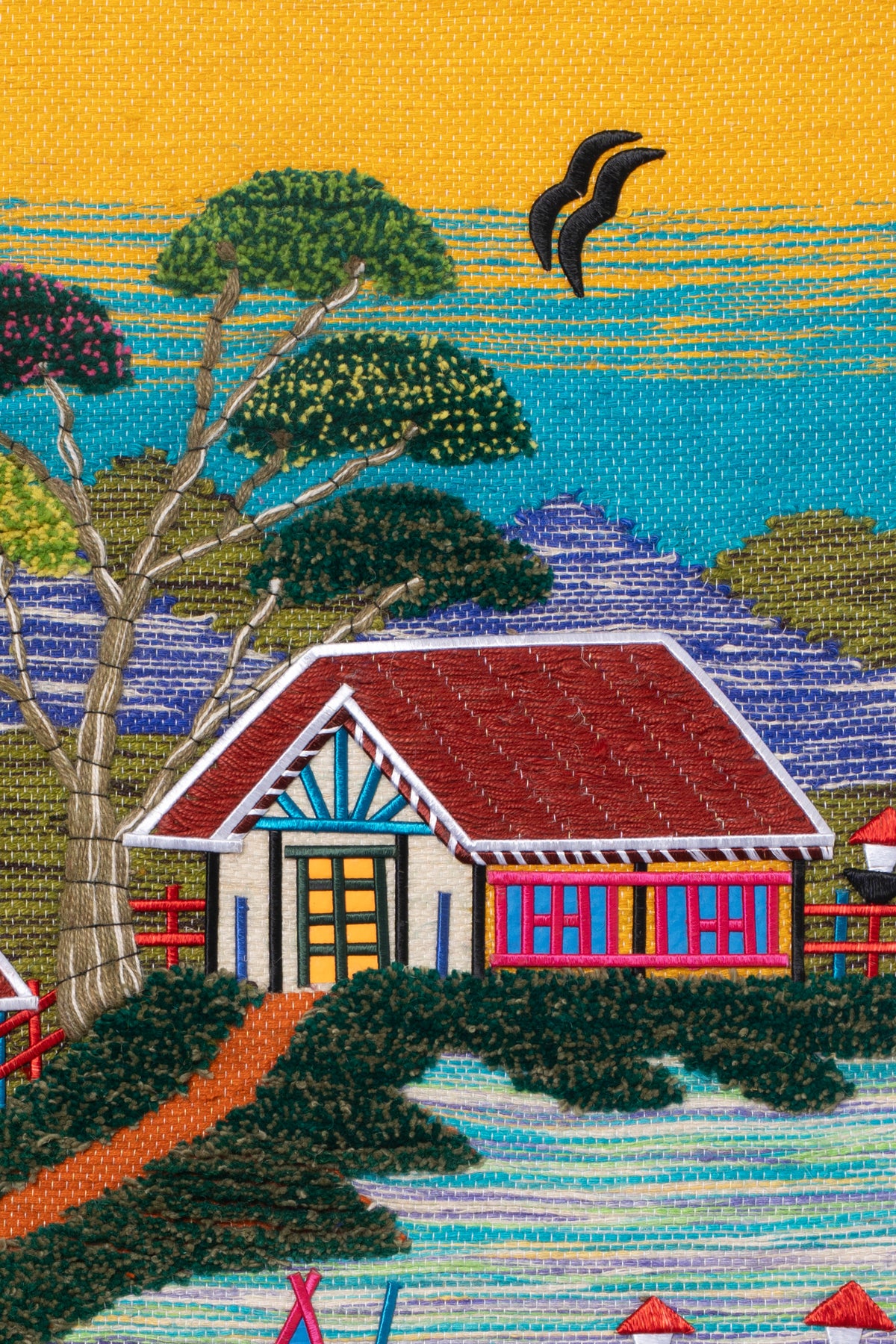 Handwoven Village Wall Hanging Tapestry, Colorful Landscape Textile Wall Art, Handmade Boho Home Decor, 30 x 30 Inch