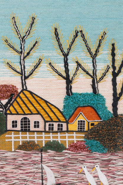 Handwoven Coastal Village Tapestry, Seaside Landscape, Boho Home Decor (36x40 Inch)