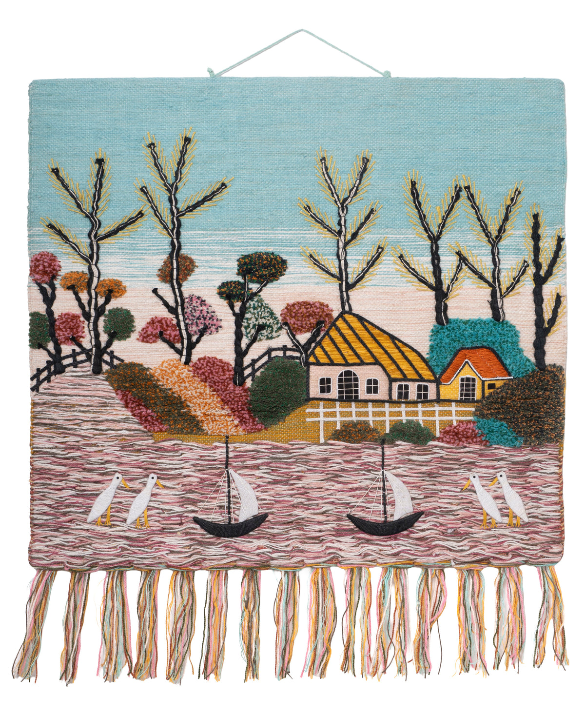 Handwoven Coastal Village Tapestry, Seaside Landscape, Boho Home Decor (36x40 Inch)