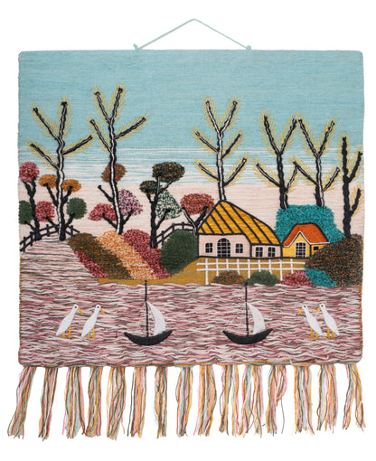 Handwoven Coastal Village Tapestry, Seaside Landscape, Boho Home Decor (36x40 Inch)