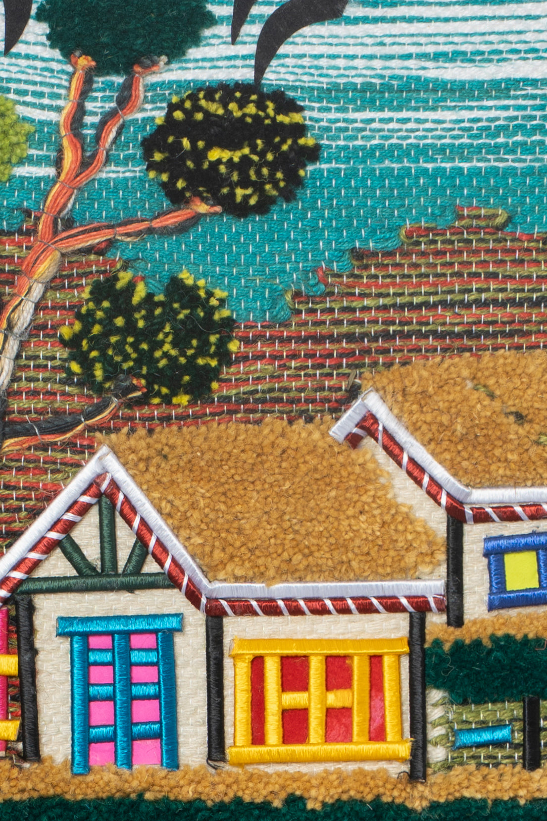 Handmade Coastal Village Tapestry, Woven Textile Art, Nautical Boho Wall Hanging (18x12 Inch)