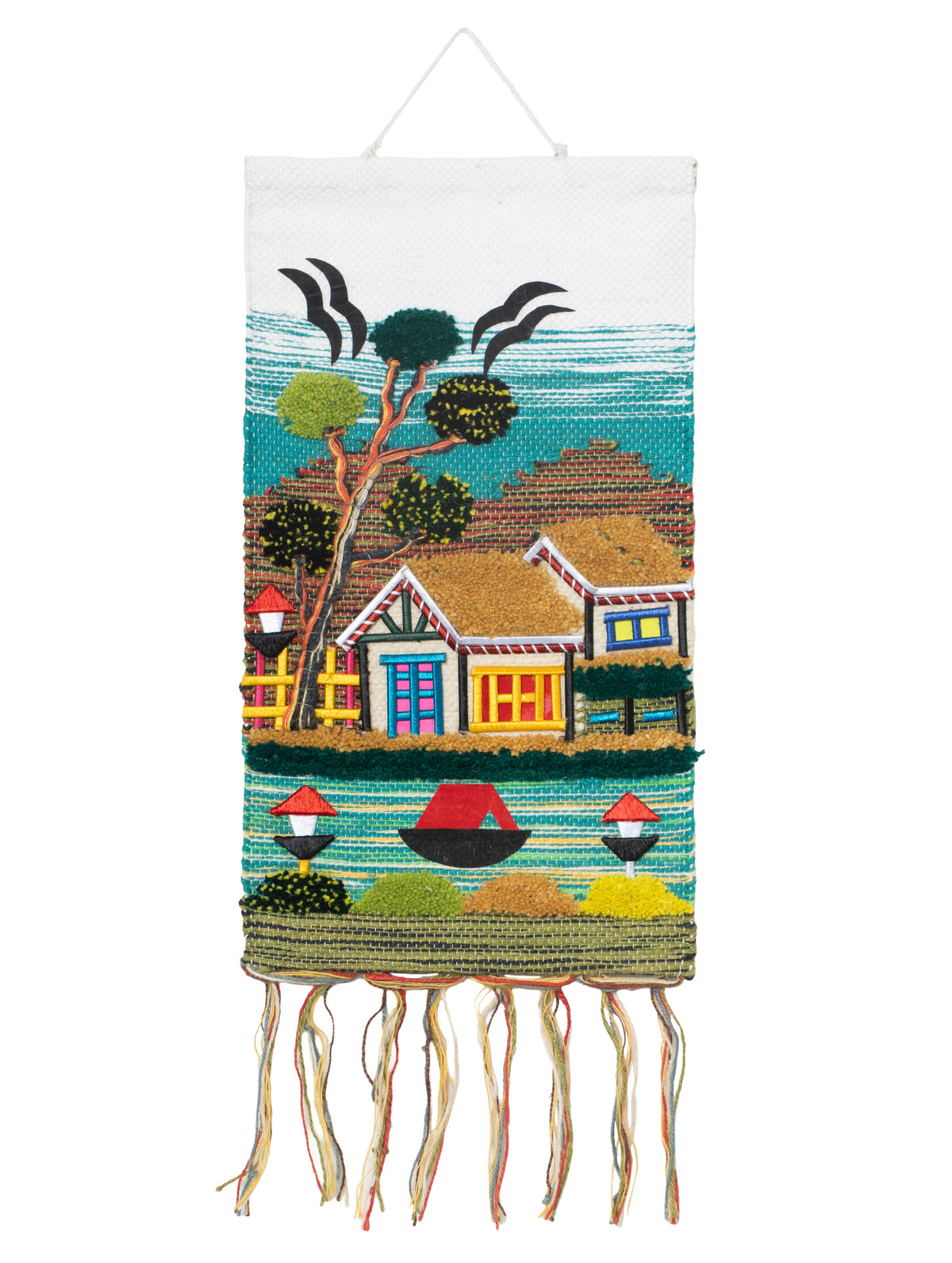 Handmade Coastal Village Tapestry, Woven Textile Art, Nautical Boho Wall Hanging (18x12 Inch)