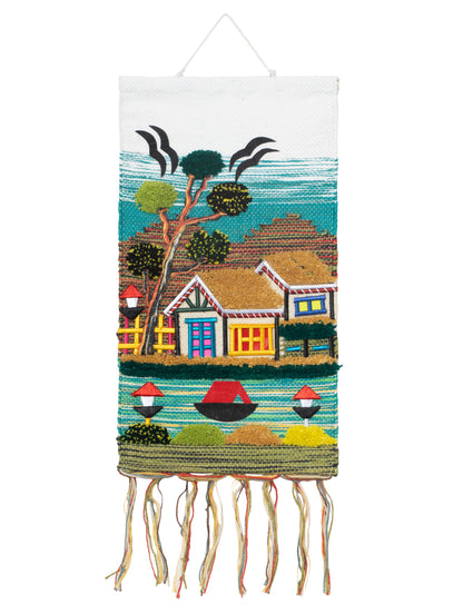 Handmade Coastal Village Tapestry, Woven Textile Art, Nautical Boho Wall Hanging (18x12 Inch)