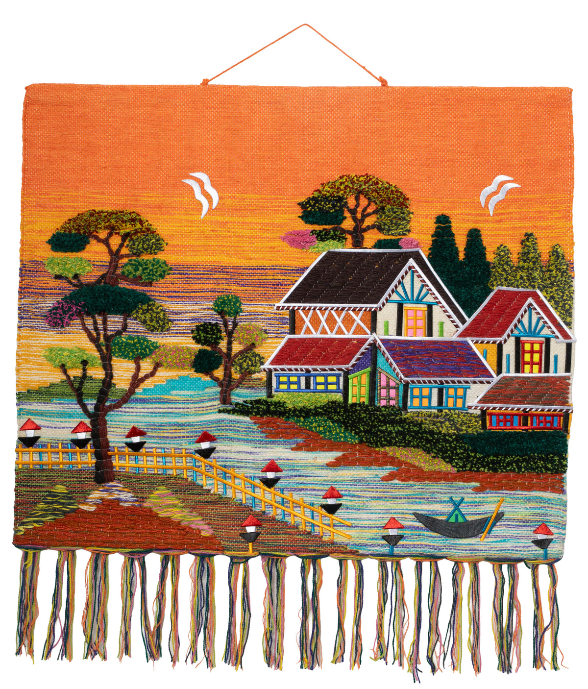 Handmade Coastal Village Tapestry, Woven Textile Art, Boho Home Decor (36x40)