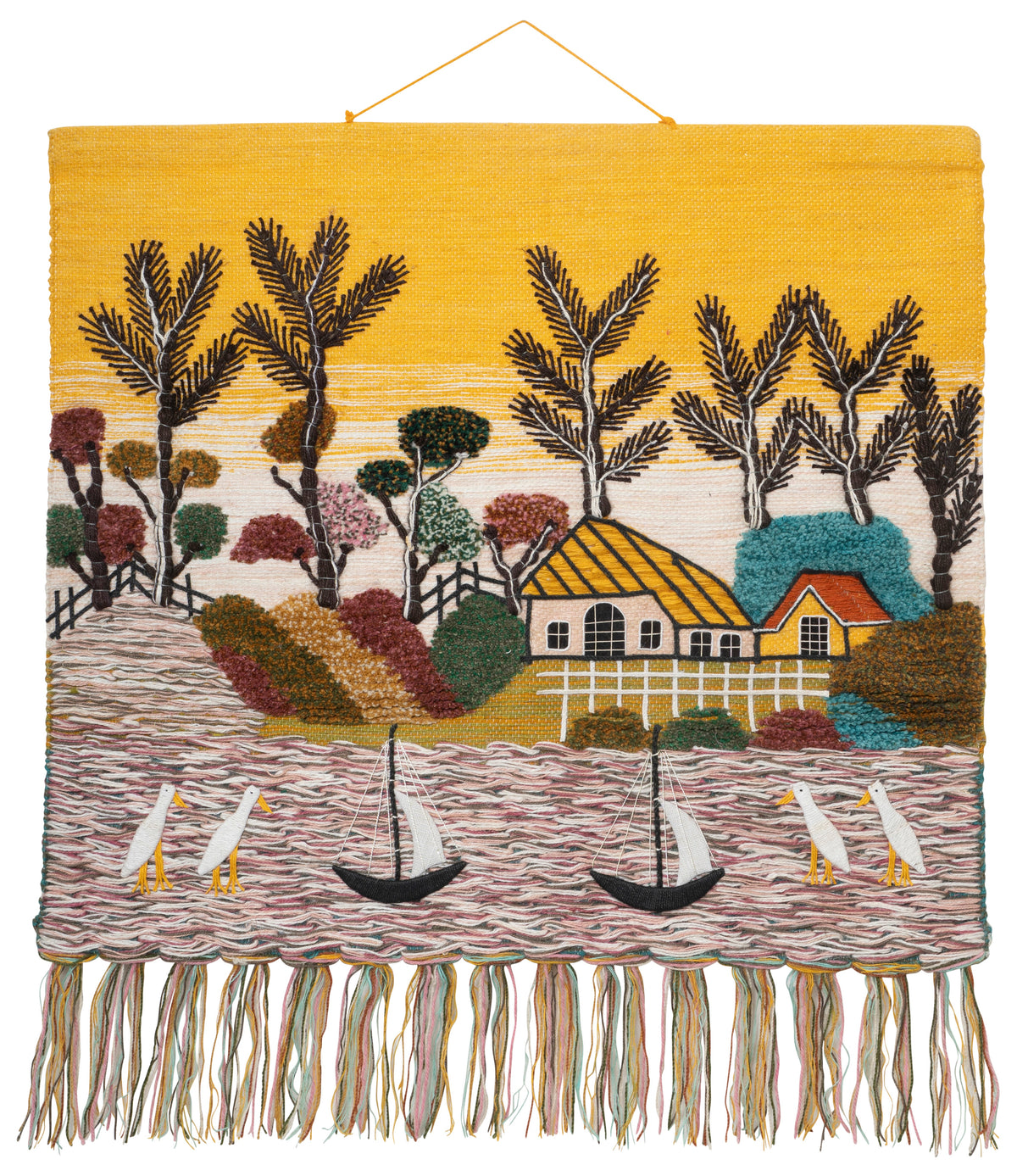 Handmade Coastal Village Tapestry, Woven Seaside Wall Art (36x40 Inch)