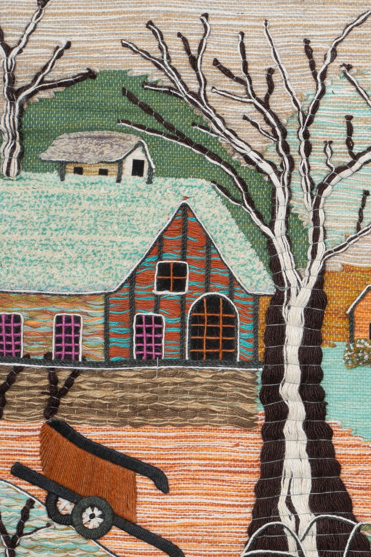 Handmade Woven Winter Village Tapestry, Cottage Landscape Art (36x40 Inch)