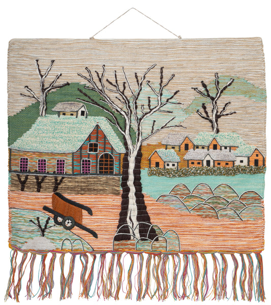 Handmade Woven Winter Village Tapestry, Cottage Landscape Art (36x40 Inch)