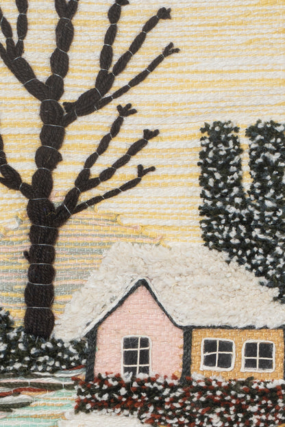 Handmade Woven Winter Cottage Tapestry, Rustic Boho Wall Hanging (18x12 Inch)