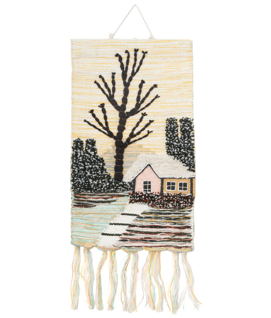Handmade Woven Winter Cottage Tapestry, Rustic Boho Wall Hanging (18x12 Inch)
