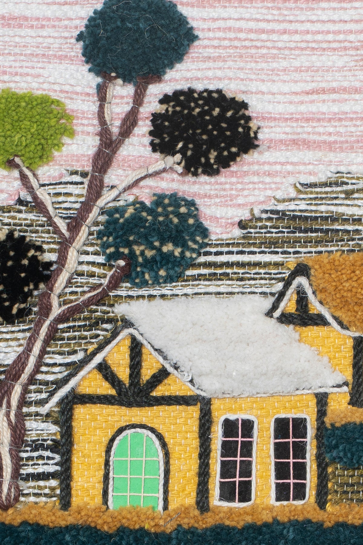 Handwoven Village House Tapestry, 18x12 Inch, Boho Cottage Landscape Wall Hanging