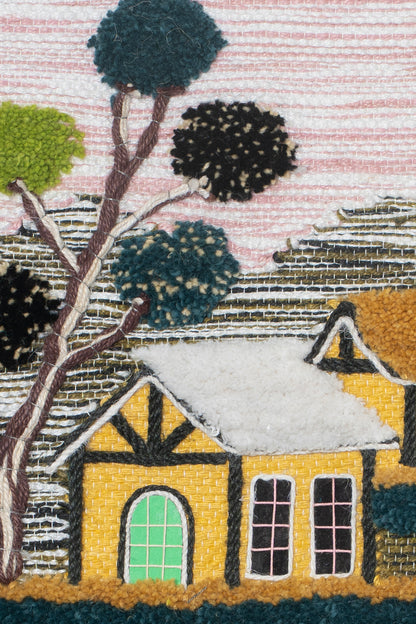 Handwoven Village House Tapestry, 18x12 Inch, Boho Cottage Landscape Wall Hanging