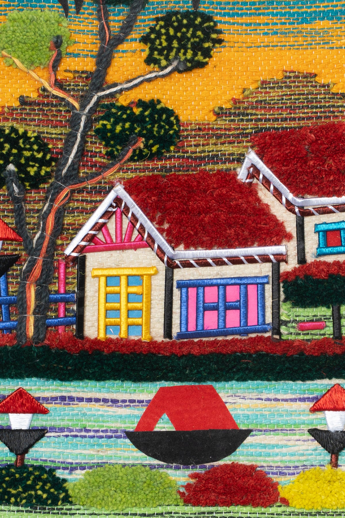 Handwoven Village Landscape Tapestry, 18x12 Inch, Colorful Boho Wall Hanging