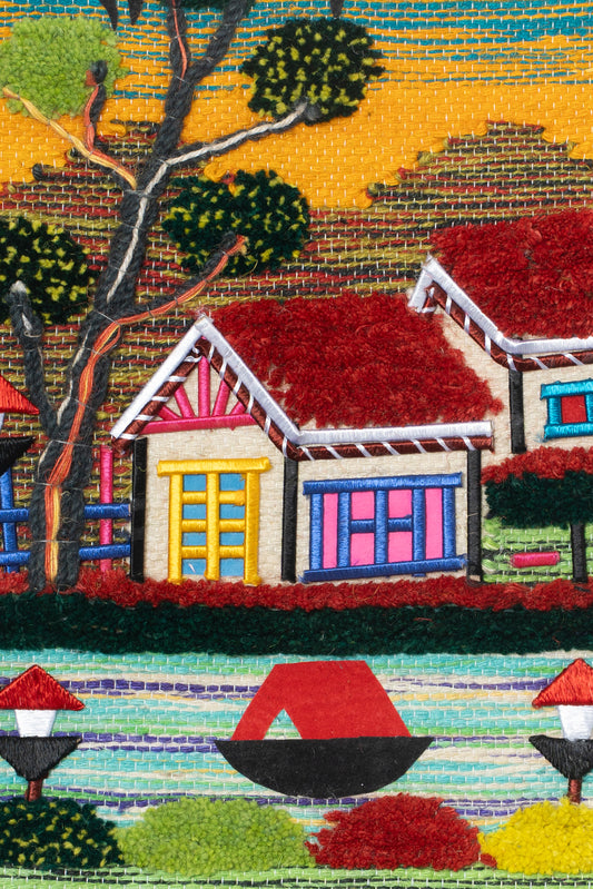Handwoven Village Landscape Tapestry, 18x12 Inch, Colorful Boho Wall Hanging