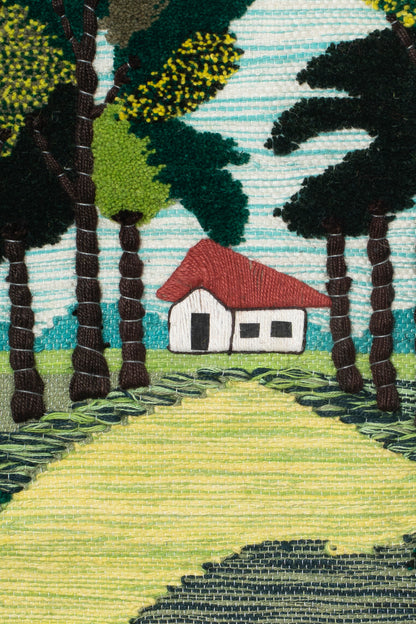Handwoven Forest Landscape Tapestry, Cottage Pathway, Rustic Boho Wall Hanging (28x30 Inch)