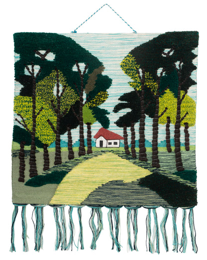 Handwoven Forest Landscape Tapestry, Cottage Pathway, Rustic Boho Wall Hanging (28x30 Inch)
