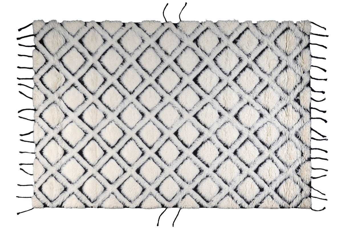 Hand Knotted Moroccan Wool Rug – Cream & Black Diamond Geometric Berber Rug, Plush Handmade Area Rug