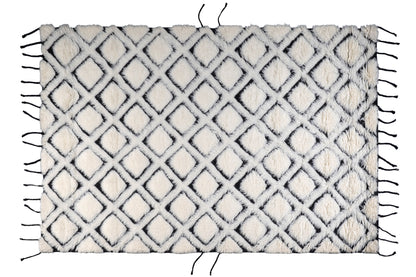 Hand Knotted Moroccan Wool Rug – Cream & Black Diamond Geometric Berber Rug, Plush Handmade Area Rug