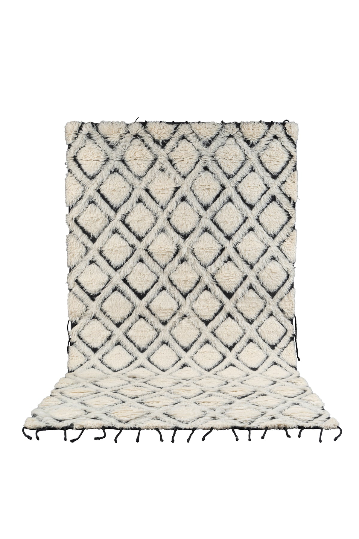 Hand Knotted Moroccan Wool Rug – Cream & Black Diamond Geometric Berber Rug, Plush Handmade Area Rug