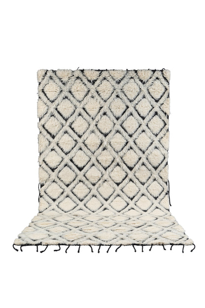 Hand Knotted Moroccan Wool Rug – Cream & Black Diamond Geometric Berber Rug, Plush Handmade Area Rug