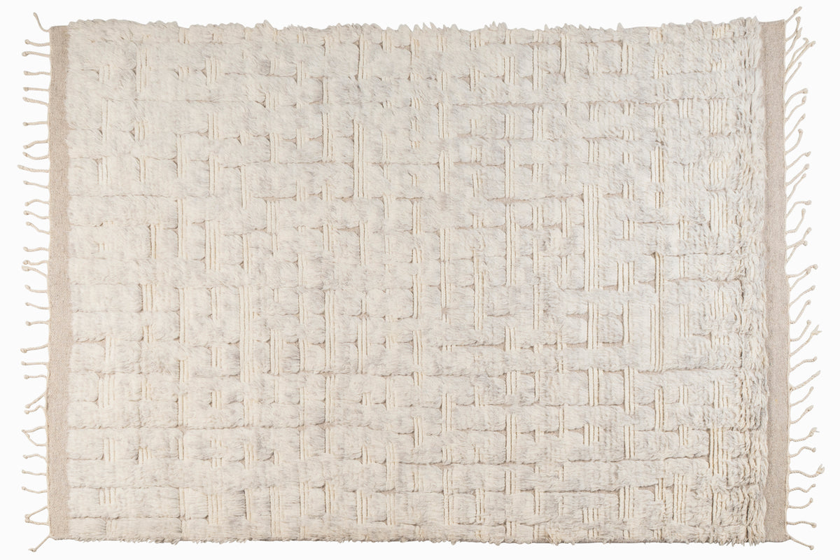 Hand Knotted Moroccan Wool Rug – Ivory Cream Textured Geometric Shaggy Area Rug