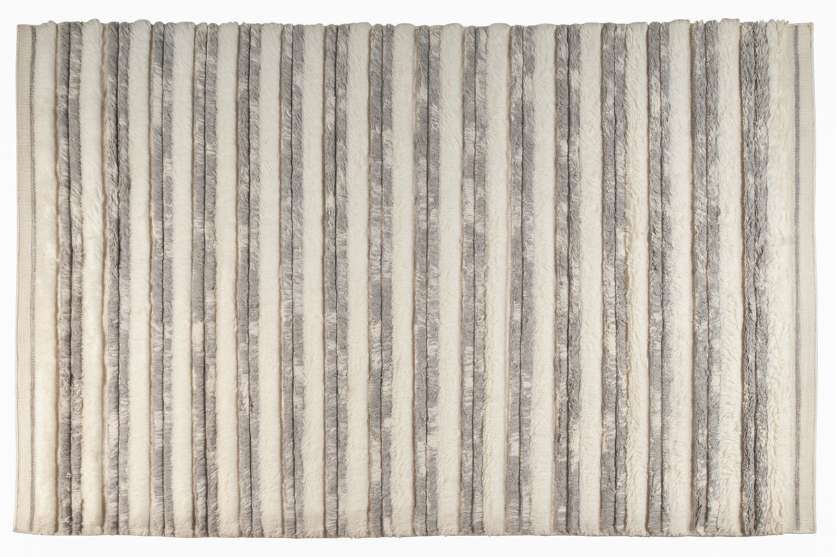 Hand Knotted Moroccan Wool Rug – Ivory & Grey Textured Striped Design