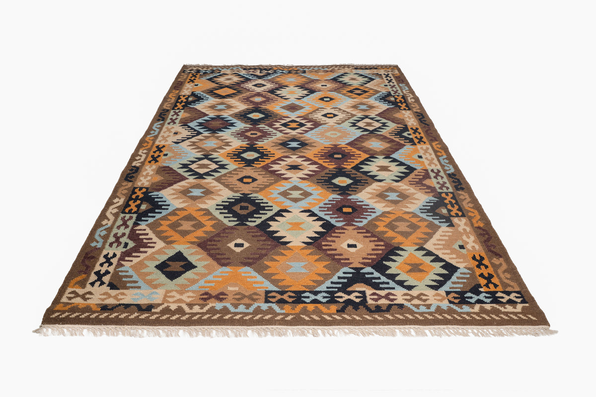 Handwoven Diamond Pattern Kilim Rug – Multicolor Wool & Cotton Durrie
