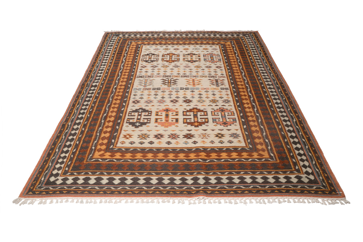 Handwoven Geometric Kilim Durrie Rug – Traditional Tribal Pattern | Earthy Tones