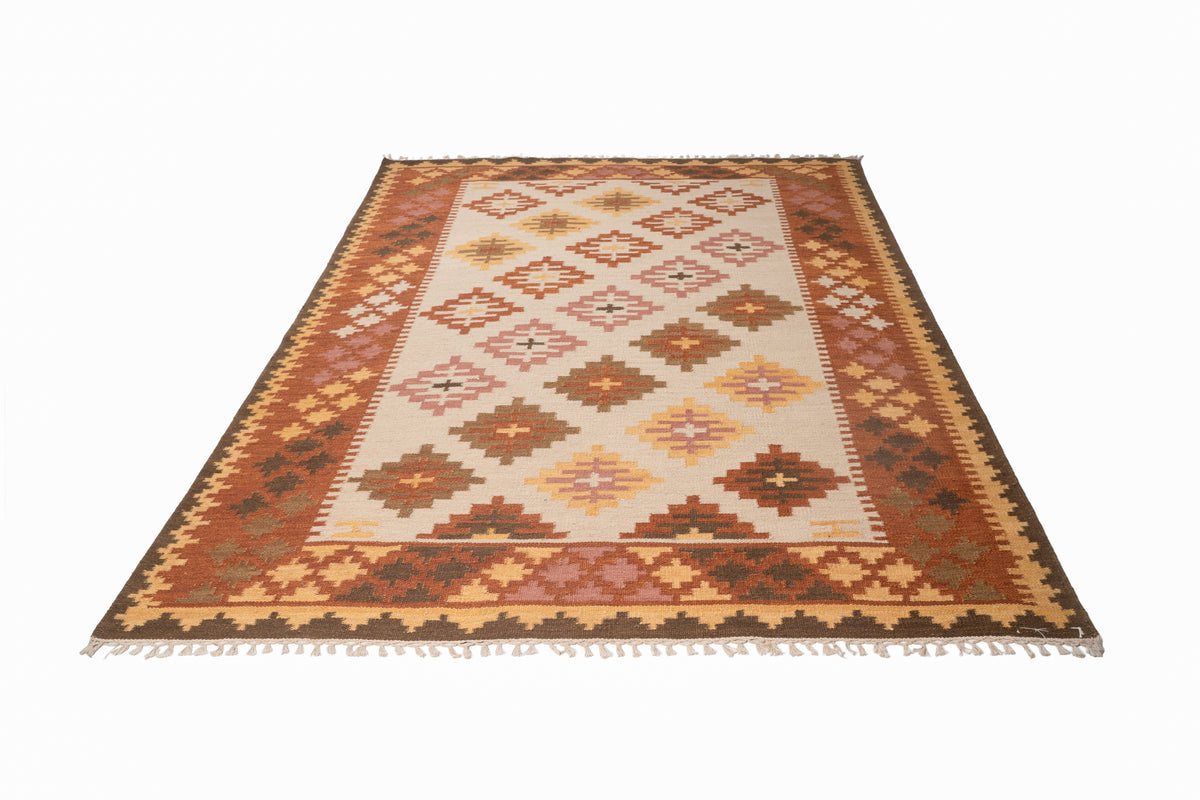 Handwoven Wool Kilim Dhurrie Rug – Traditional Geometric Flatweave