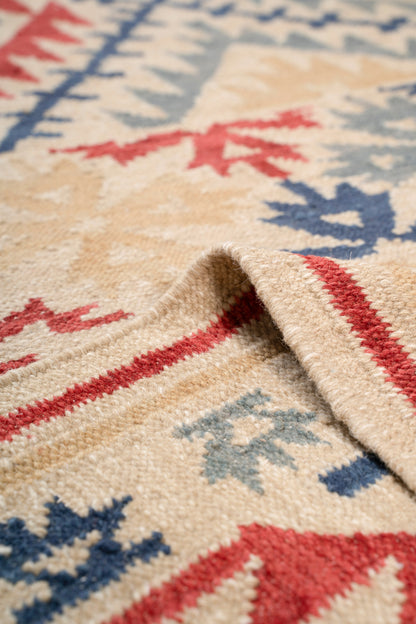 Handwoven Geometric Kilim Durrie Rug | Beige & Navy