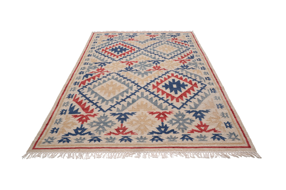 Handwoven Geometric Kilim Durrie Rug | Beige & Navy