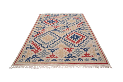 Handwoven Geometric Kilim Durrie Rug | Beige & Navy
