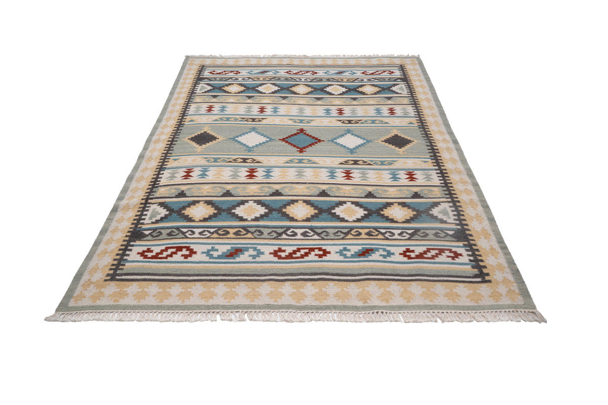 Handwoven Geometric Kilim Rug – Wool & Cotton Multicolor Durrie