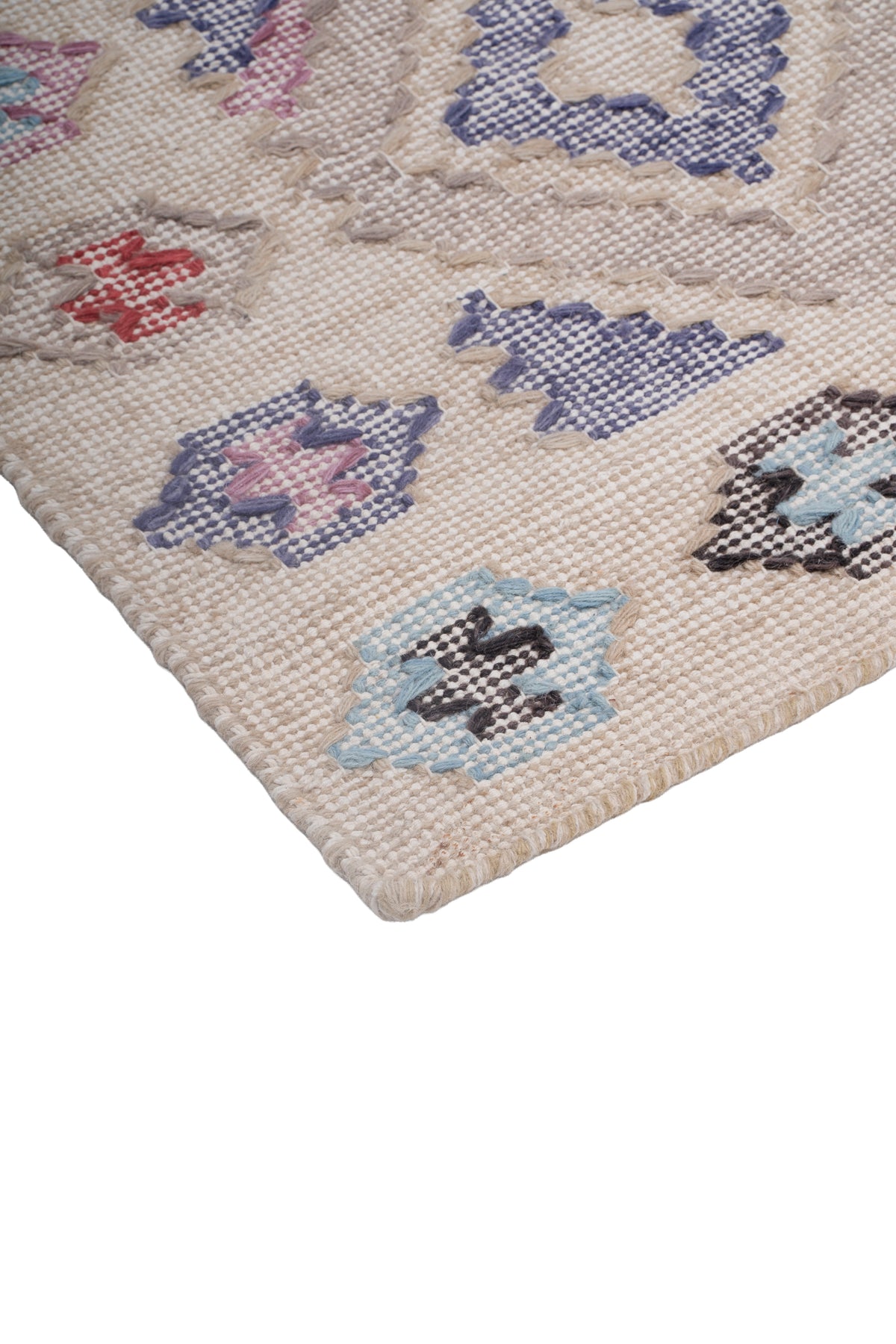 Pastel Geometric Kilim Wool Durrie Rug – Handwoven Ivory Multicolor Carpet