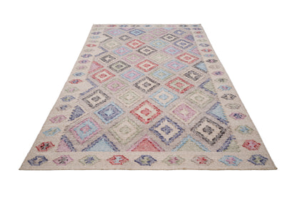 Pastel Geometric Kilim Wool Durrie Rug – Handwoven Ivory Multicolor Carpet