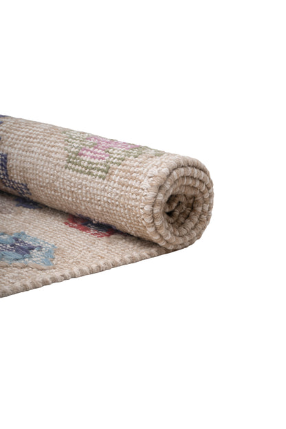 Pastel Geometric Kilim Wool Durrie Rug – Handwoven Ivory Multicolor Carpet