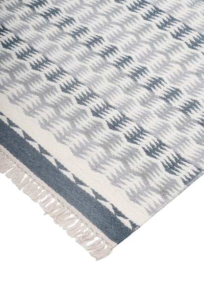 Scandinavian Grey Geometric Wool Durrie Rug – Handwoven Ivory Kilim Carpet
