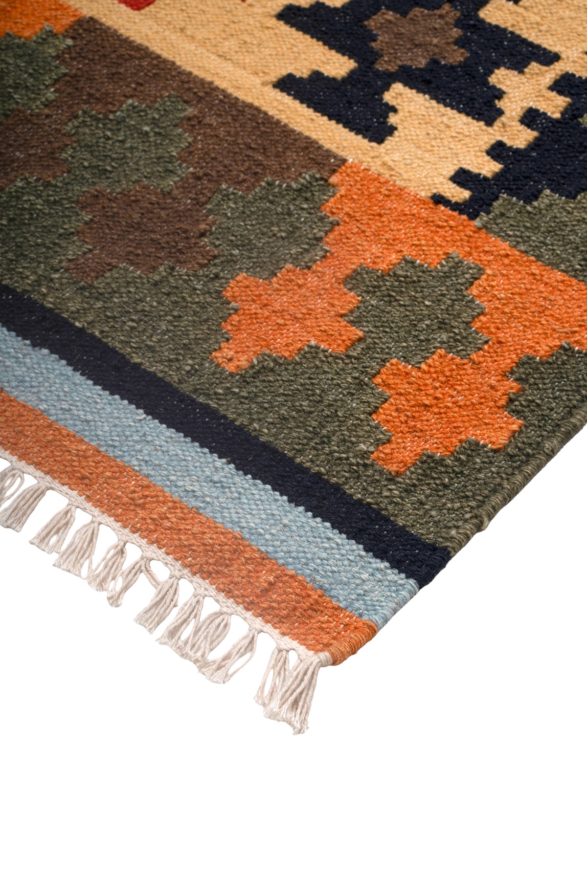 Tribal Geometric Wool Kilim Durrie Rug – Handwoven Traditional Multicolor Carpet